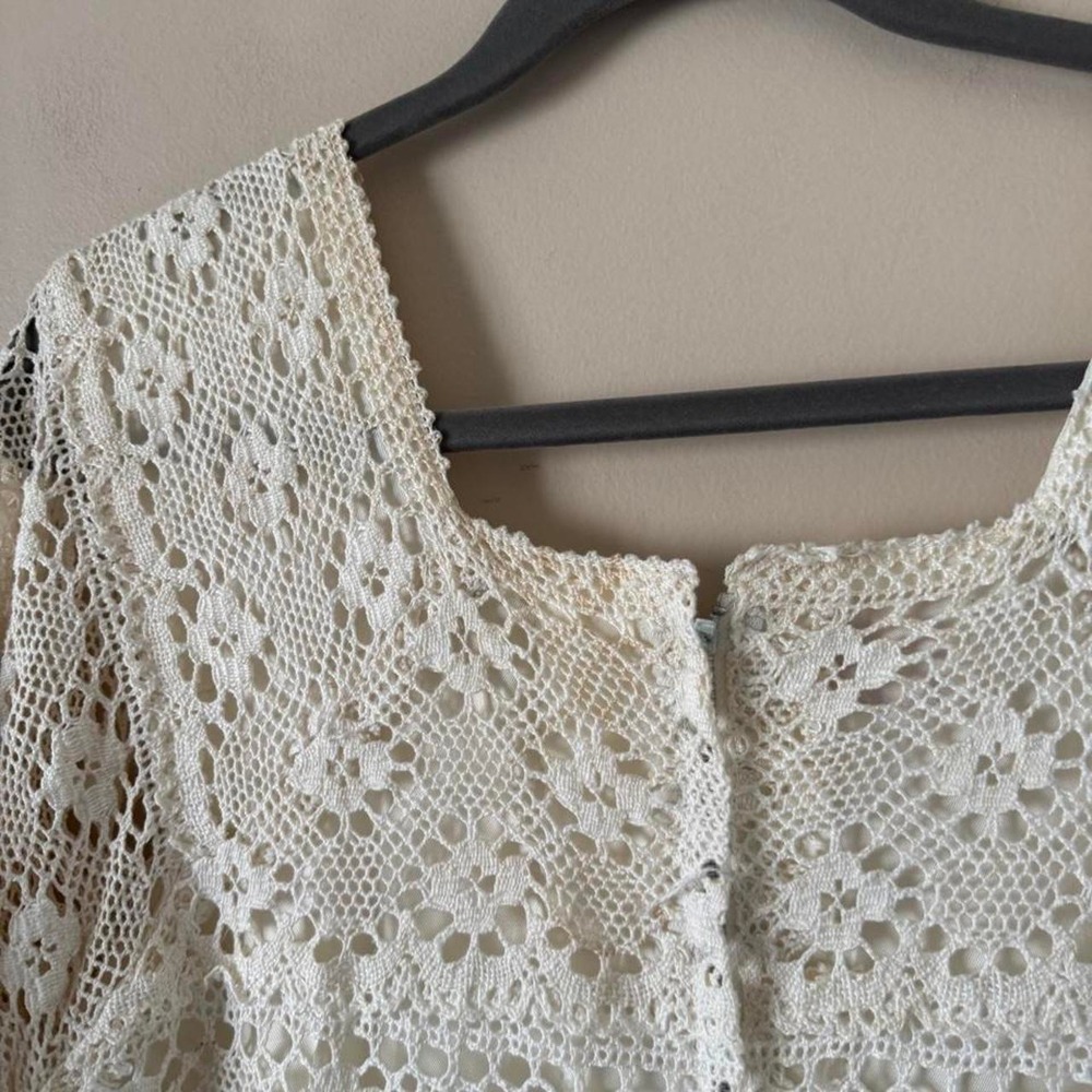 Vintage Mexican Crochet Wedding Dress Medium Cotton 60 70 bell flare bridal - Picture 5 of 8